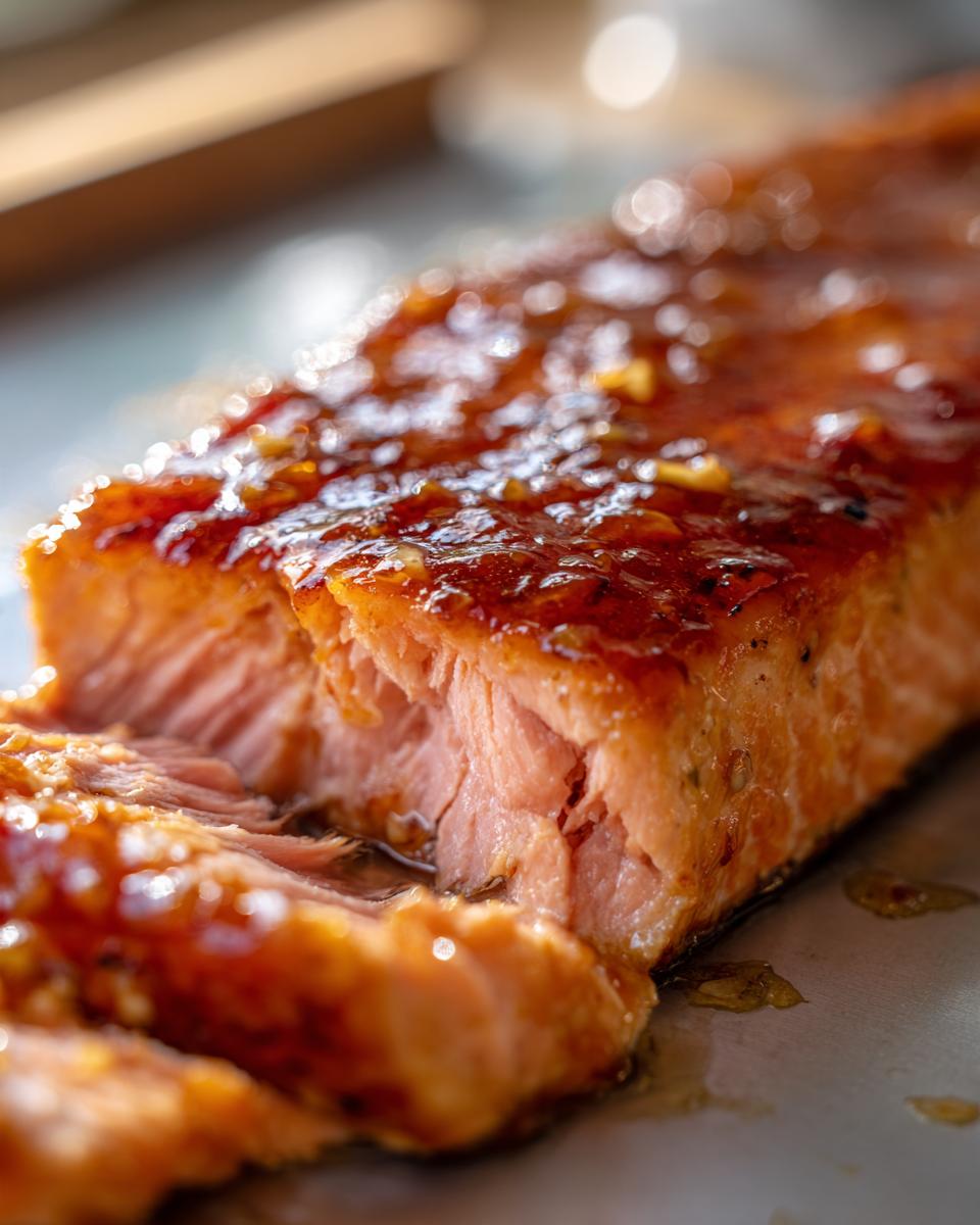 Close-up of perfectly cooked Honey garlic butter baked salmon, showing flaky texture and glossy glaze.