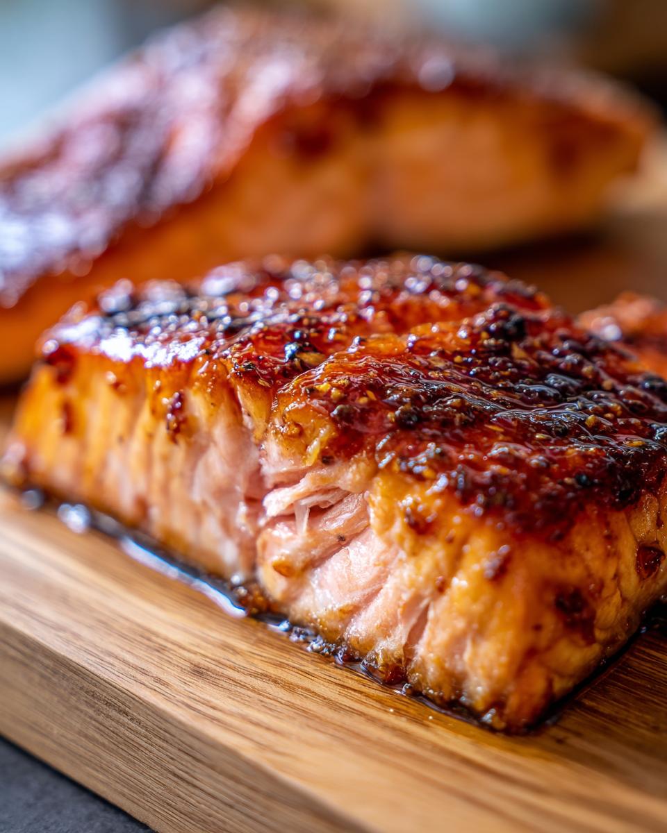 Close-up of a flaky, perfectly cooked fillet of Honey garlic butter baked salmon with a dark, caramelized glaze.