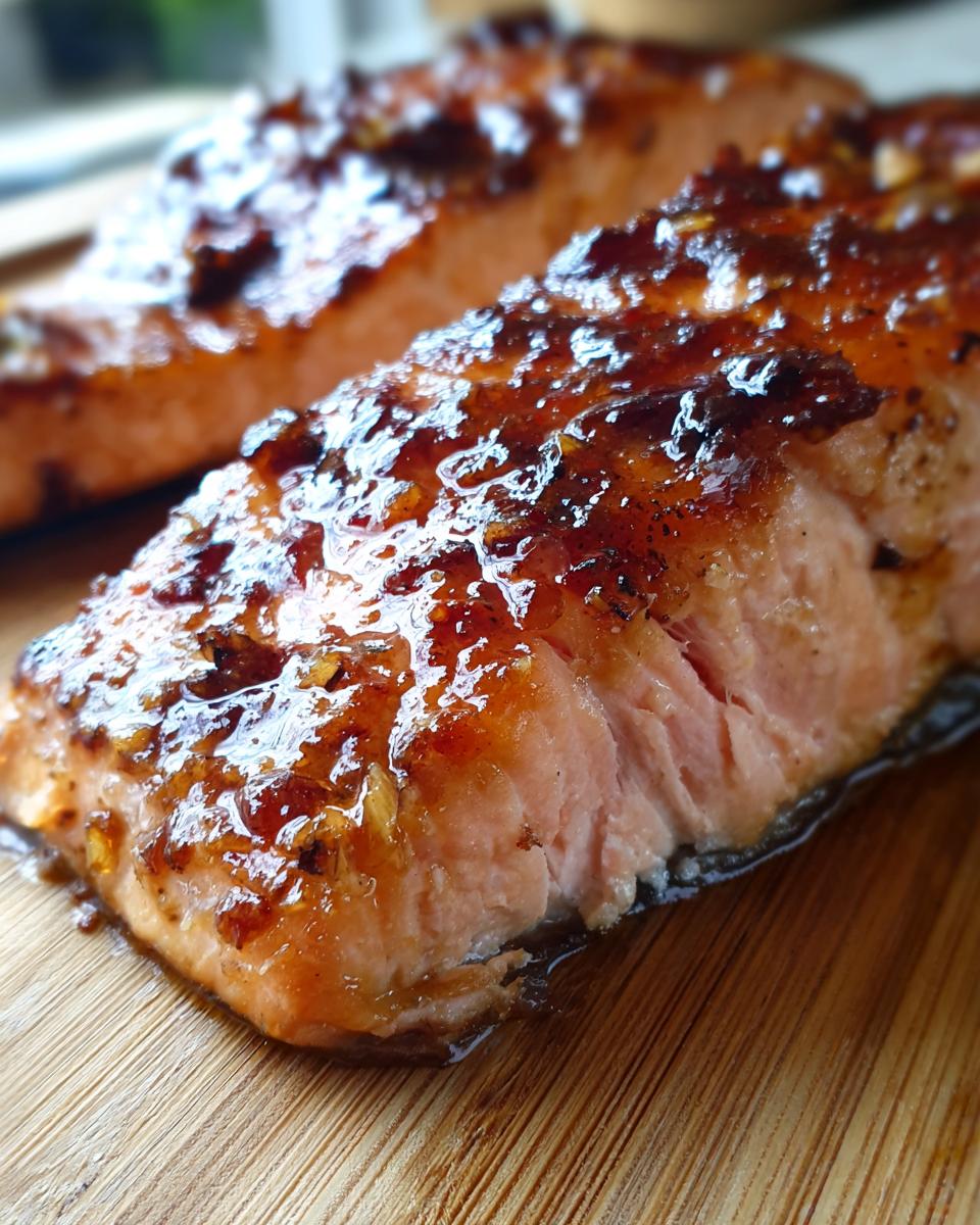 Close-up of a perfectly cooked Honey Garlic Butter Baked Salmon fillet with a shiny, caramelized glaze on a wooden board.