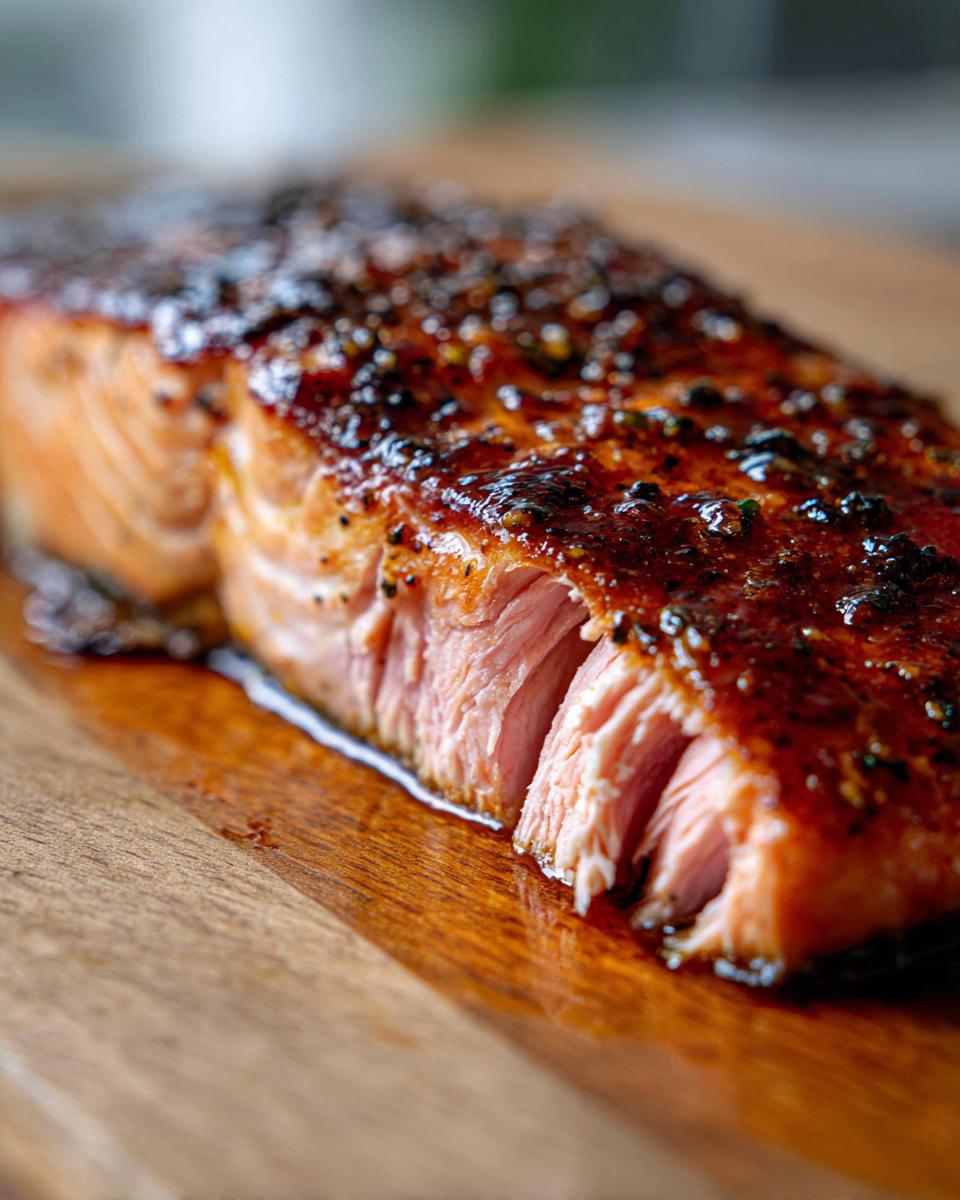 Close-up of a perfectly cooked Honey garlic butter baked salmon fillet with a dark, caramelized glaze on a wooden cutting board.