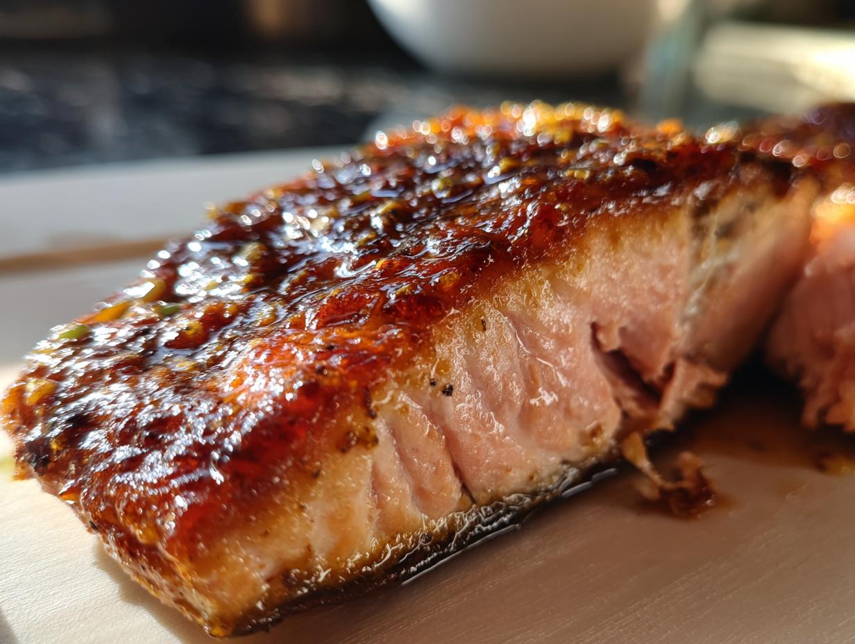 Close-up of a perfectly cooked piece of Honey garlic butter baked salmon with a shiny, caramelized glaze.