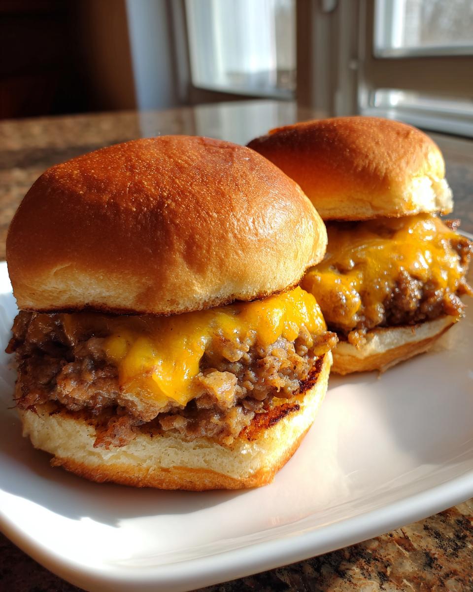 Two delicious leftover meatloaf sliders topped with melted cheddar cheese on soft buns.
