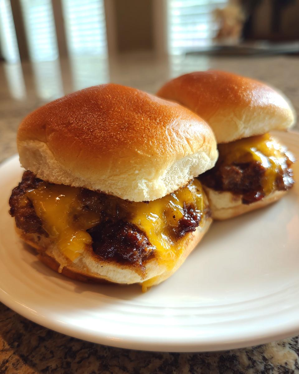 Two delicious leftover meatloaf sliders topped with gooey melted cheddar cheese on soft buns.