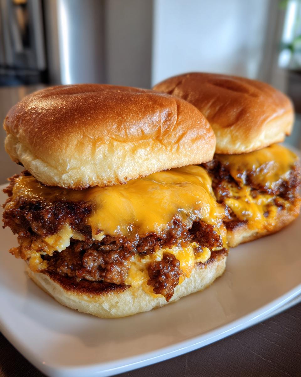 Close-up of two cheesy leftover meatloaf sliders stacked on a white plate with brioche buns.
