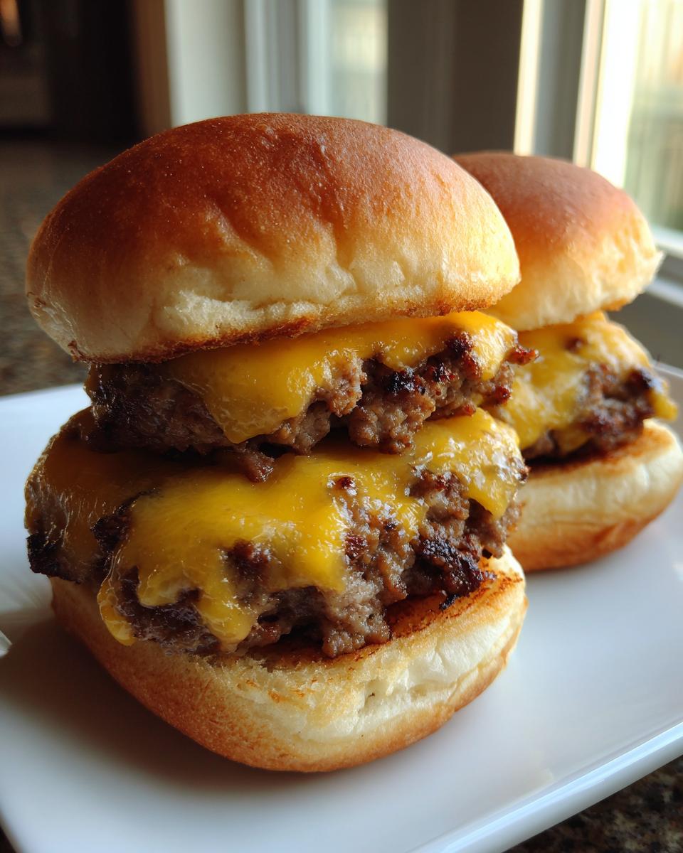 Close-up of two delicious leftover meatloaf sliders stacked high with melted cheddar cheese on toasted slider buns.