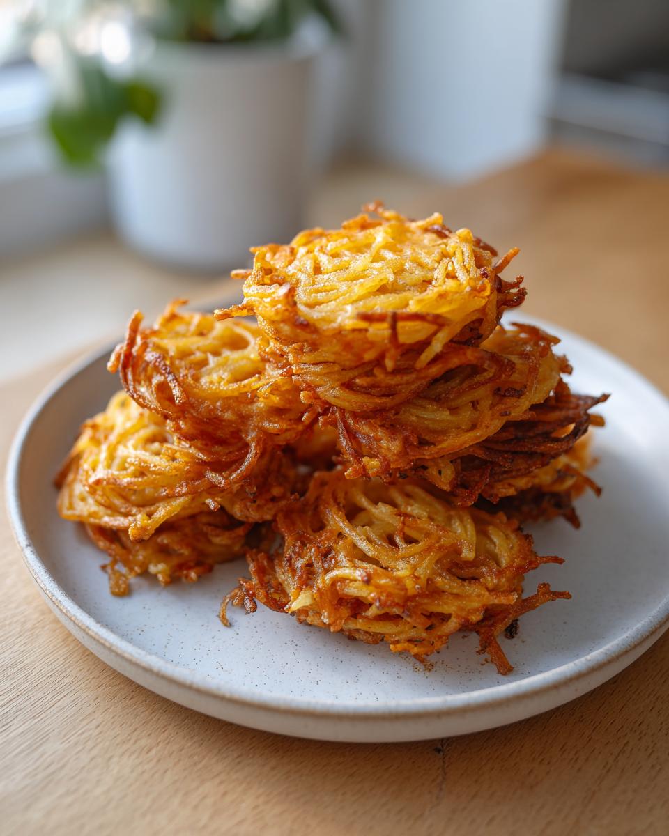 A stack of crispy, golden brown leftover spaghetti fritters piled on a speckled white plate.