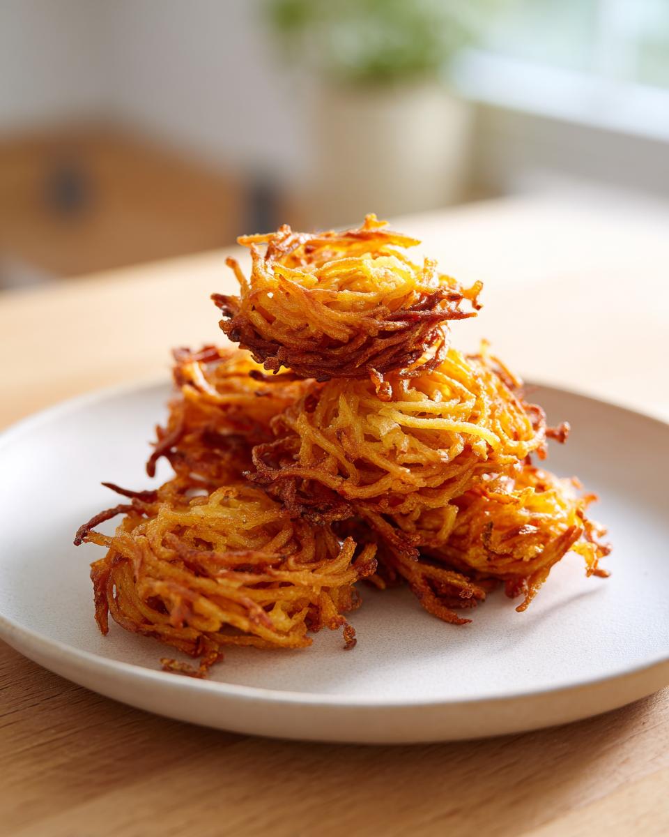 A stack of golden brown, crispy leftover spaghetti fritters piled high on a light gray plate.