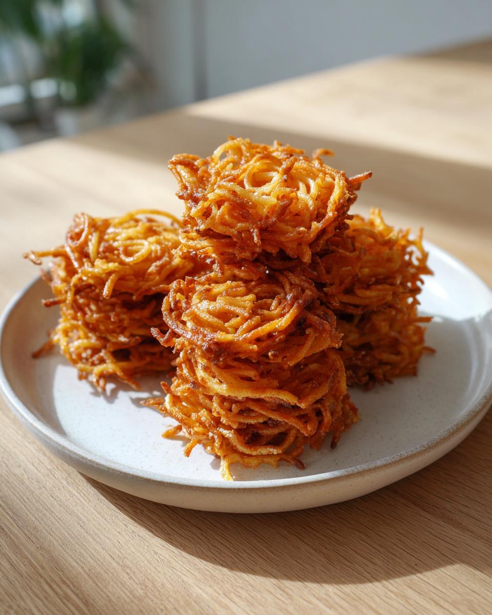 A stack of crispy, golden brown leftover spaghetti fritters served on a light-colored plate.
