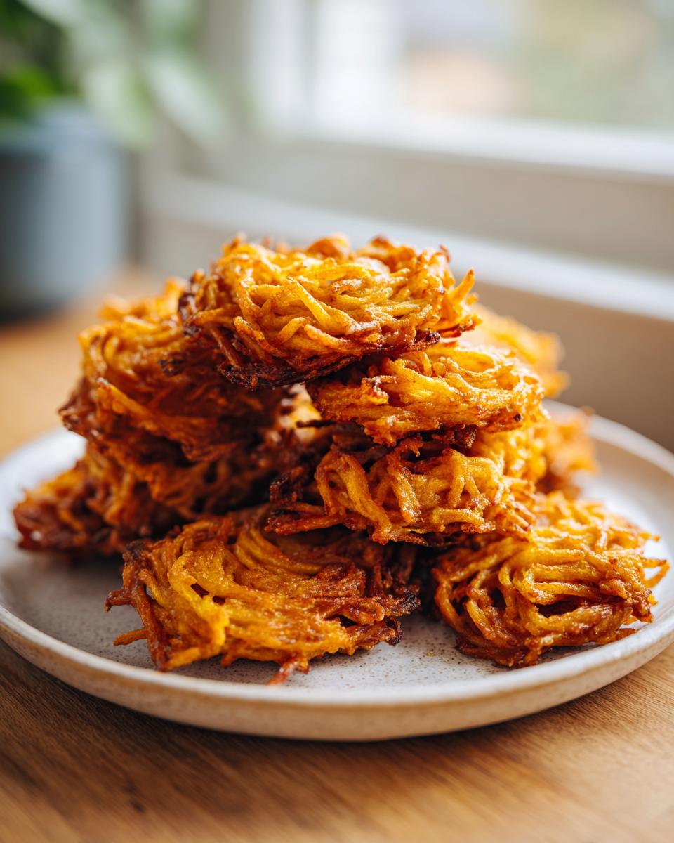 A tall stack of crispy, golden brown leftover spaghetti fritters piled on a speckled white plate.