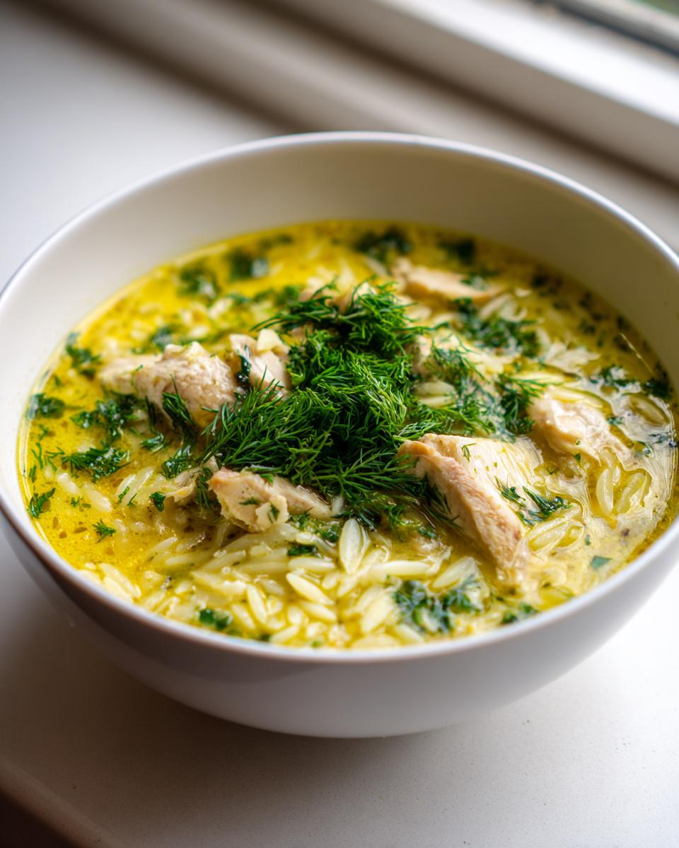 Close-up of a white bowl filled with Mediterranean lemon chicken soup, featuring orzo pasta, shredded chicken, and topped with fresh dill.