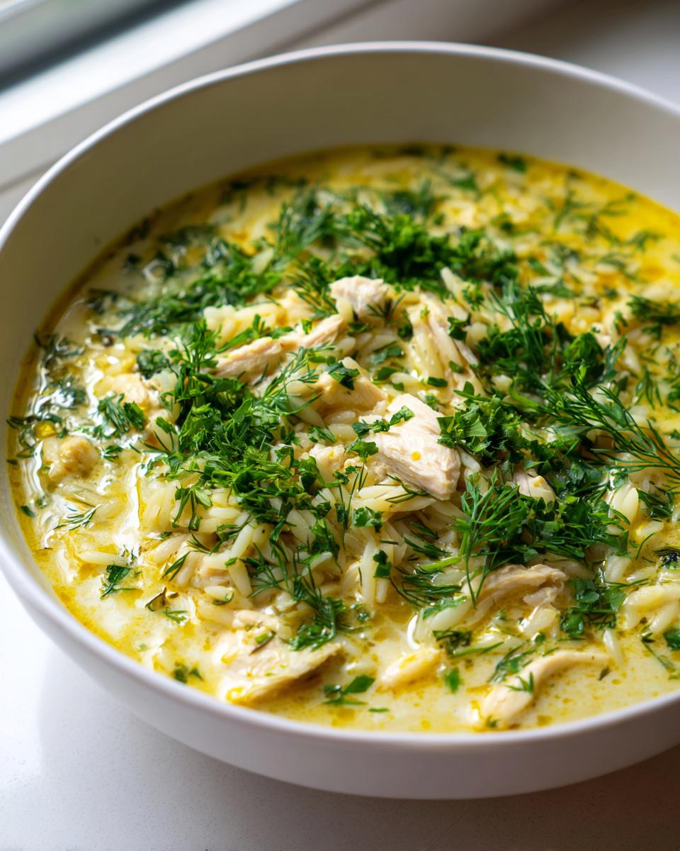 Close-up of a white bowl filled with creamy Mediterranean lemon chicken soup, featuring shredded chicken, orzo pasta, and fresh dill.