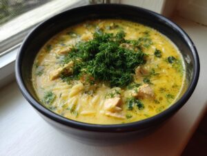 A close-up of a black bowl filled with creamy Mediterranean lemon chicken soup, topped generously with fresh dill.