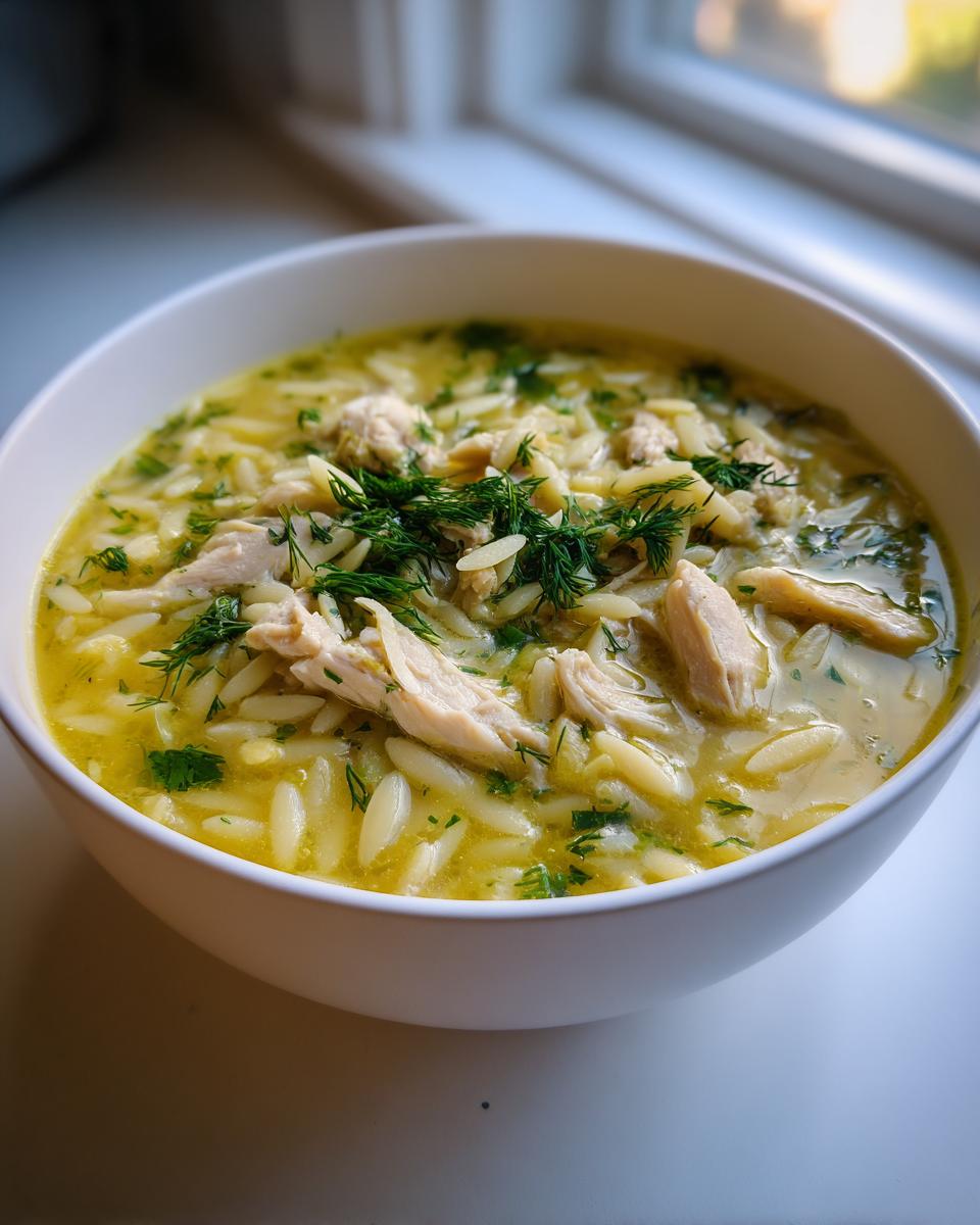 Close-up of a white bowl filled with Mediterranean lemon chicken soup, featuring shredded chicken, orzo pasta, and fresh dill.