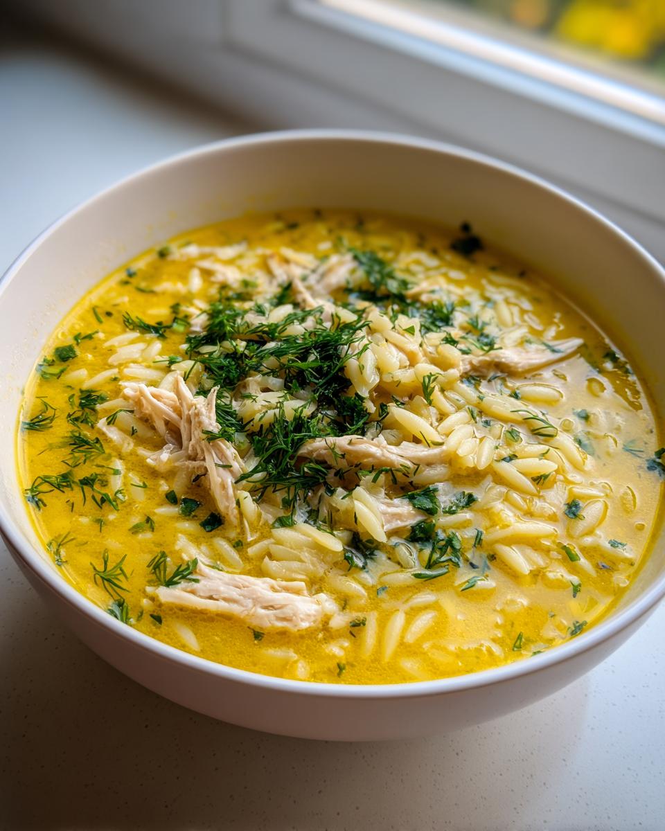 Close-up of a white bowl filled with vibrant yellow Mediterranean lemon chicken soup, featuring shredded chicken, orzo pasta, and fresh dill.