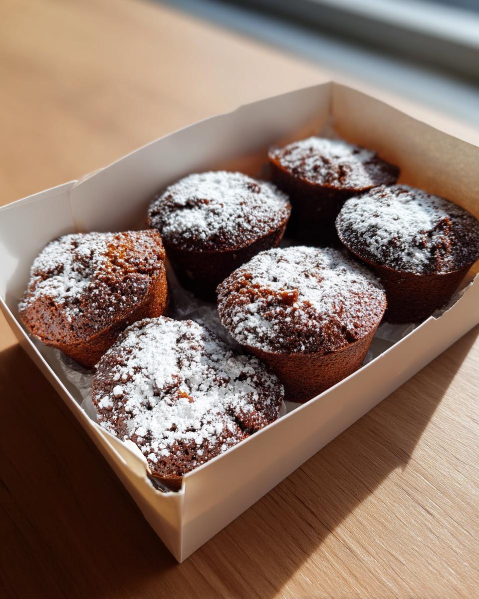 Six rich, dark mini cakes dusted with powdered sugar, ready for picnic flights, inside a white cardboard box.