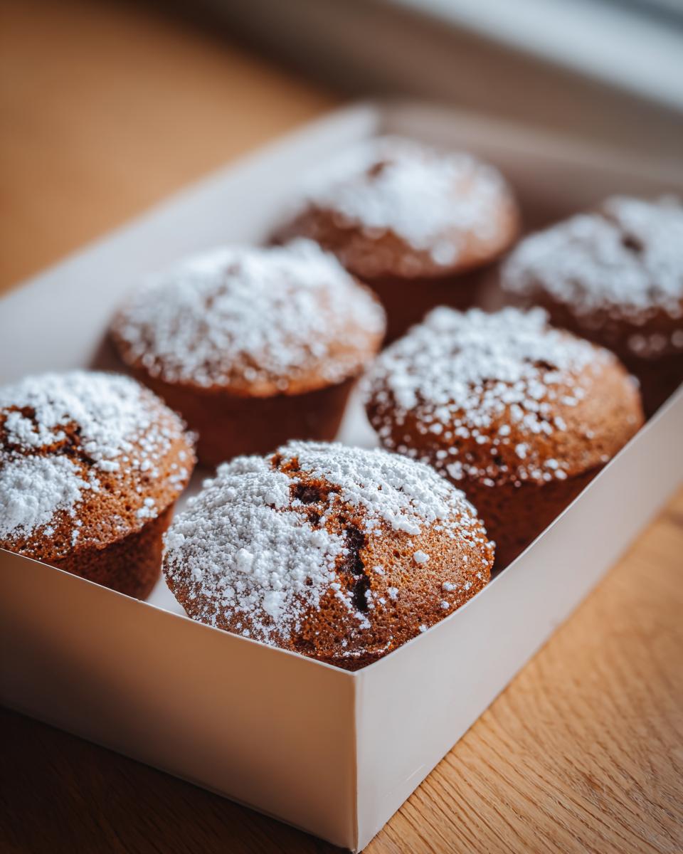 Six freshly baked mini cake picnic flights dusted generously with white powdered sugar in a white box.