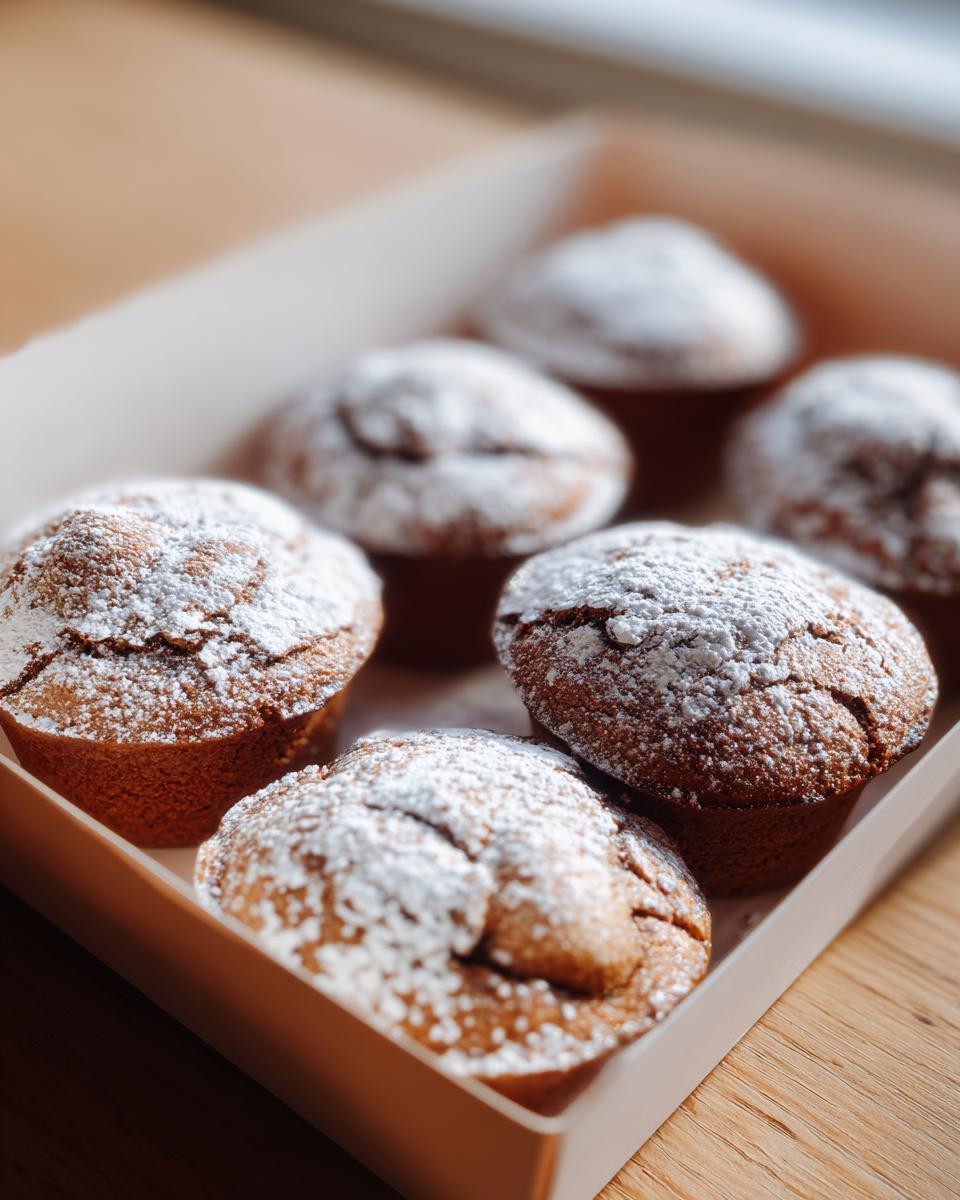 A close-up of several small, baked cakes dusted heavily with powdered sugar, ready for Mini cake picnic flights.