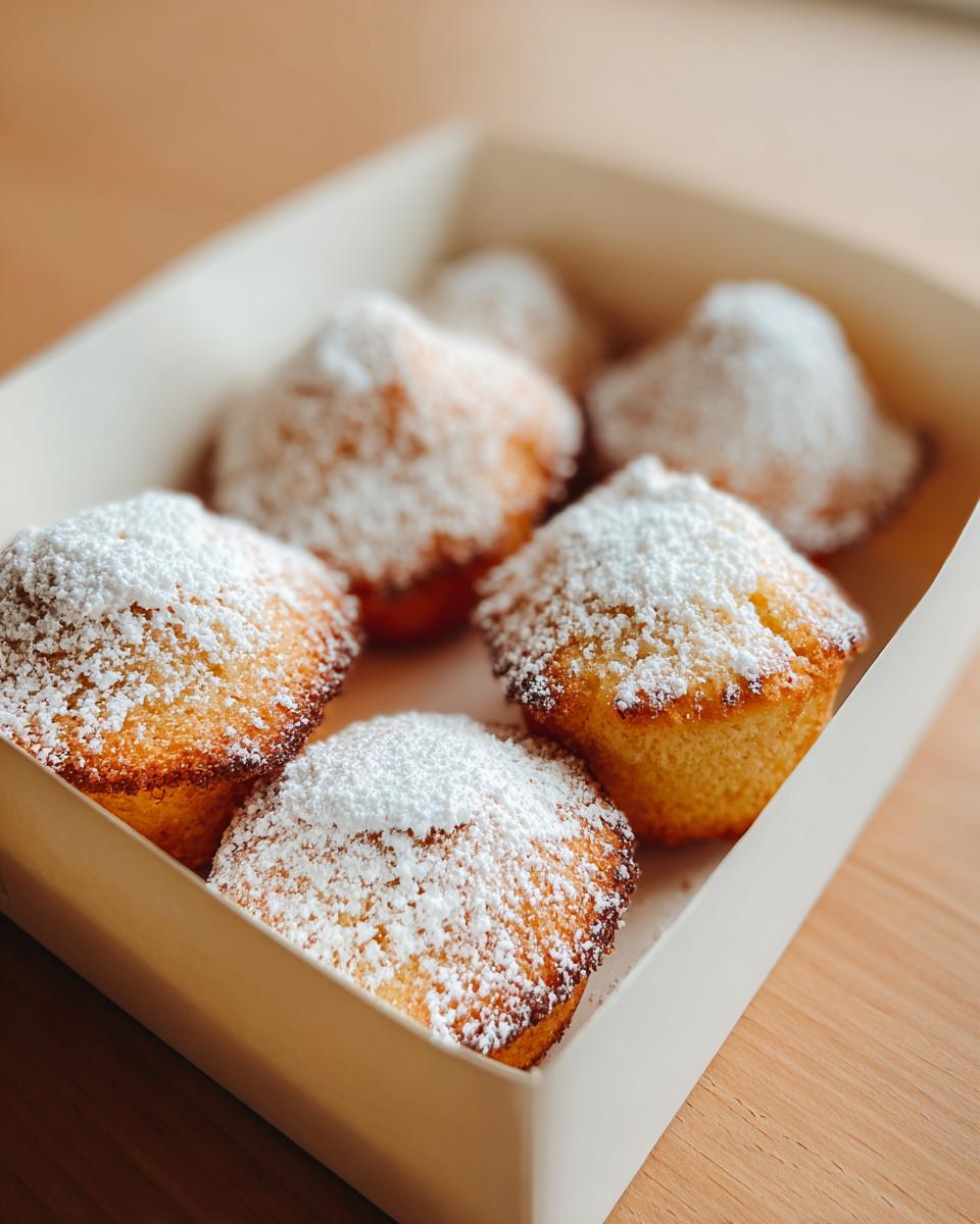 A box containing several golden-brown mini cakes generously dusted with powdered sugar, perfect for Mini cake picnic flights.