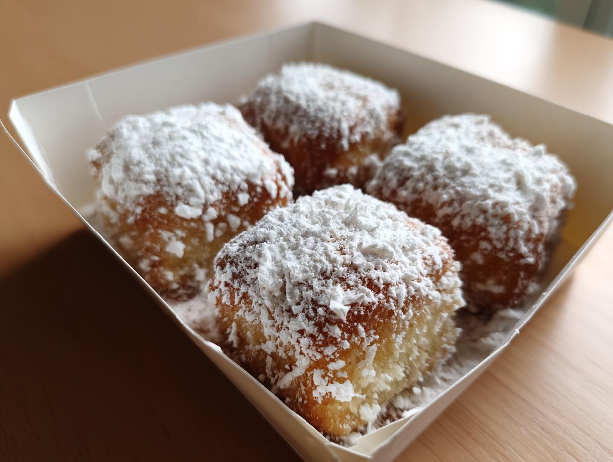 Four small, golden baked goods heavily dusted with powdered sugar, presented in a white takeaway box, perfect for Mini cake picnic flights.
