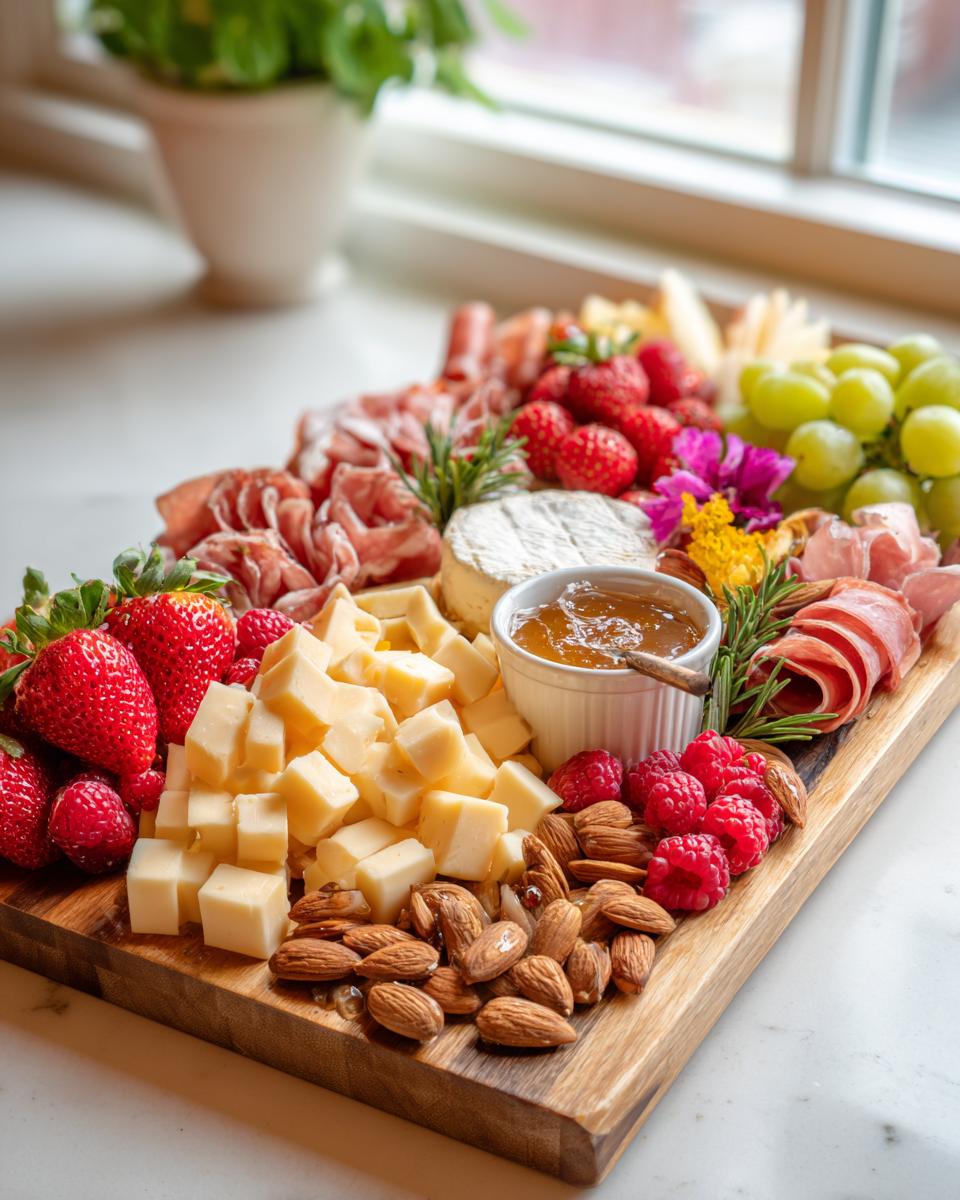 A wooden board filled with cubed cheese, almonds, strawberries, raspberries, prosciutto, brie, and jam for a Mother's Day charcuterie board.
