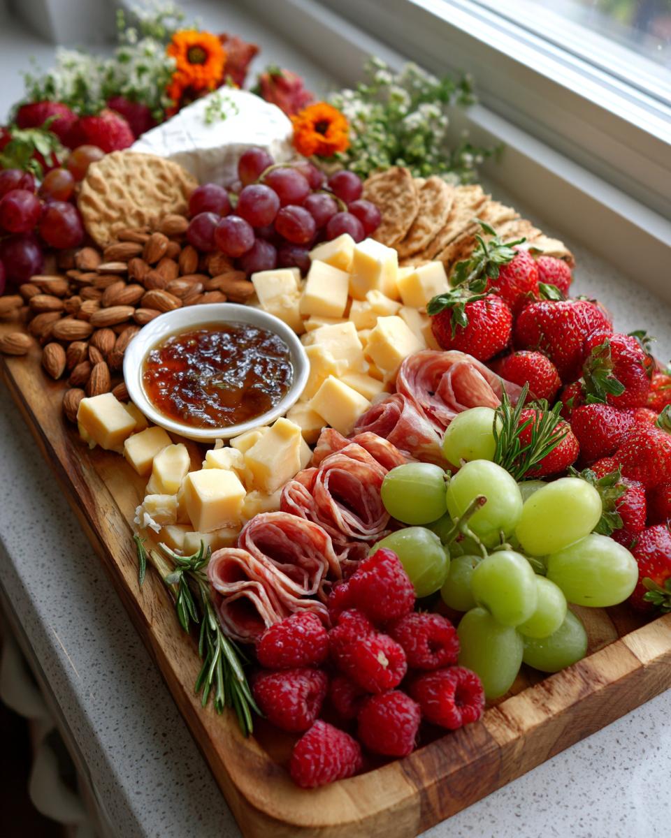 A stunning Mother's Day charcuterie board featuring strawberries, raspberries, grapes, cheese cubes, salami, and almonds.