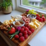A stunning Mother's Day charcuterie board featuring cubed cheese, raspberries, strawberries, almonds, honey, and rolled meats.