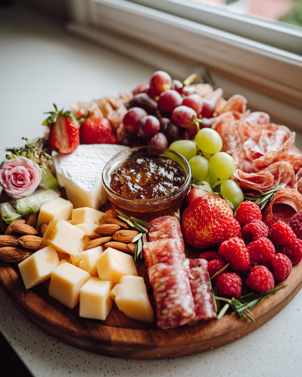 A stunning Mother's Day charcuterie board featuring cubed cheese, salami, grapes, strawberries, raspberries, almonds, and jam.
