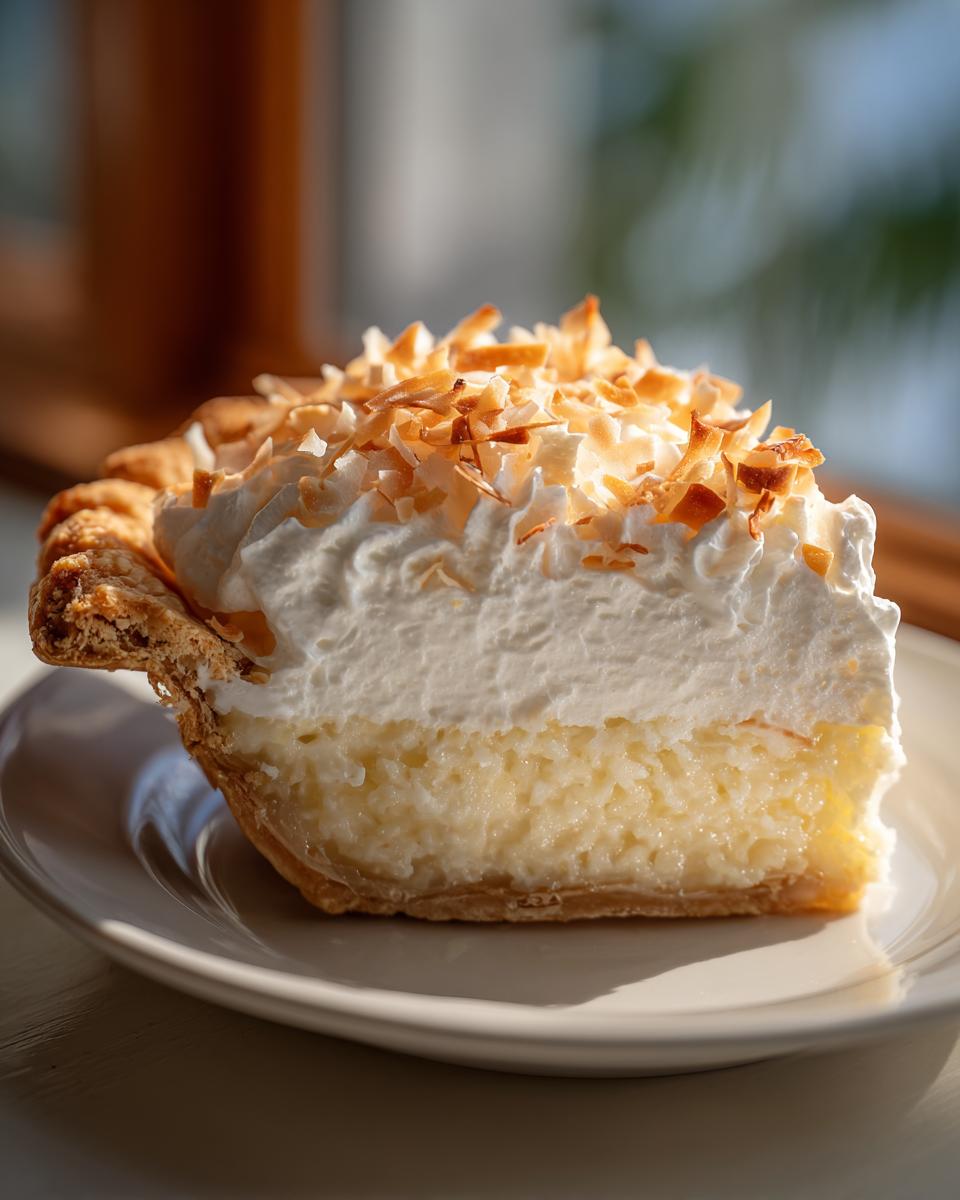 A perfect slice of National Coconut Cream Pie showing layers of coconut filling, whipped cream, and toasted coconut topping.