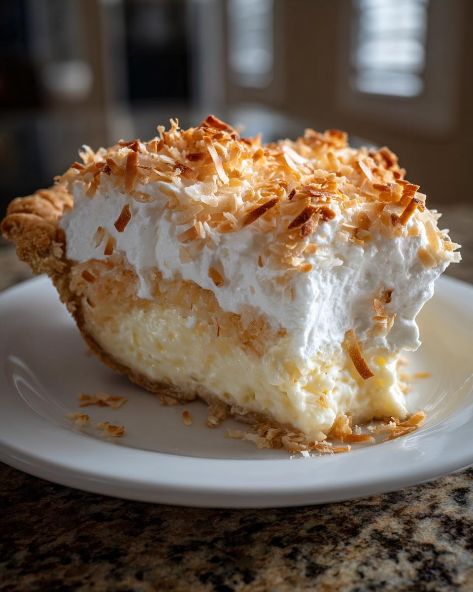 Close-up of a rich slice of National Coconut Cream Pie featuring creamy filling, whipped topping, and toasted coconut flakes.