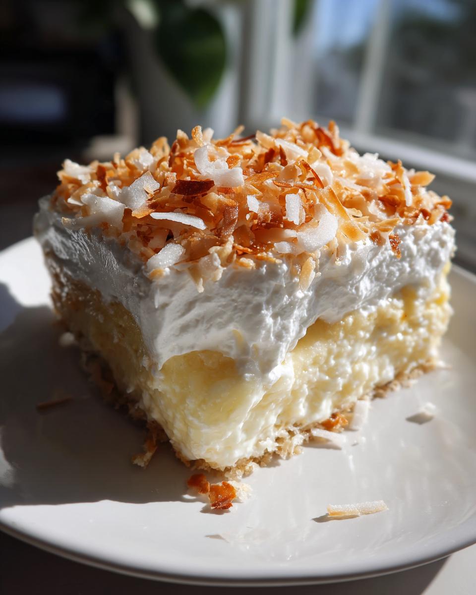 A decadent slice of National Coconut Cream Pie featuring a thick custard layer, whipped topping, and toasted coconut flakes.