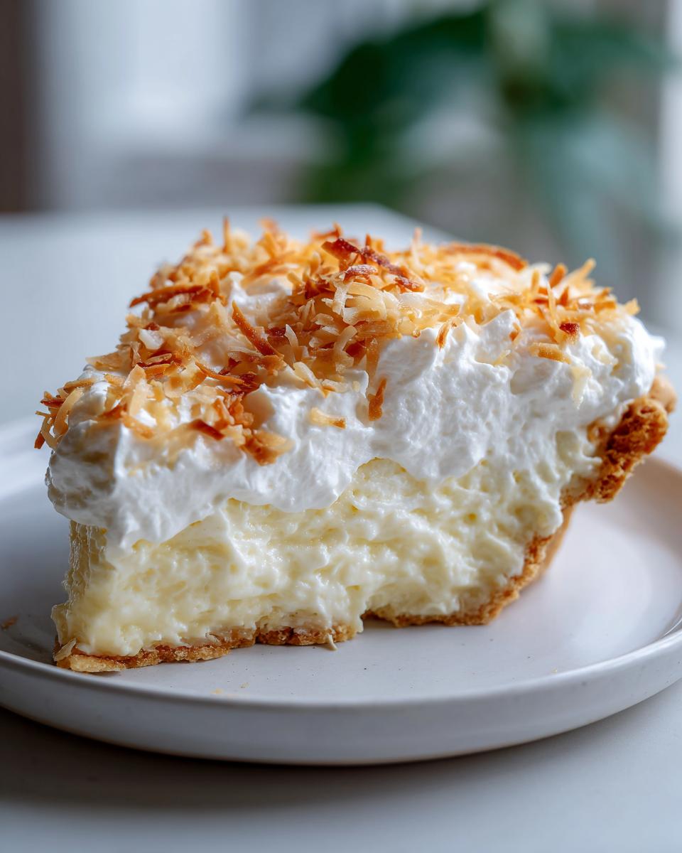 A close-up of a thick slice of National Coconut Cream Pie showing creamy filling, whipped topping, and toasted coconut flakes.