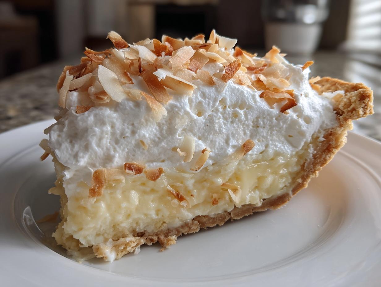 A perfect slice of National Coconut Cream Pie featuring creamy filling, whipped topping, and toasted coconut flakes.