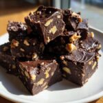 A stack of rich, dark chocolate Old fashioned nutty fudge squares studded with walnuts, served on a white plate.