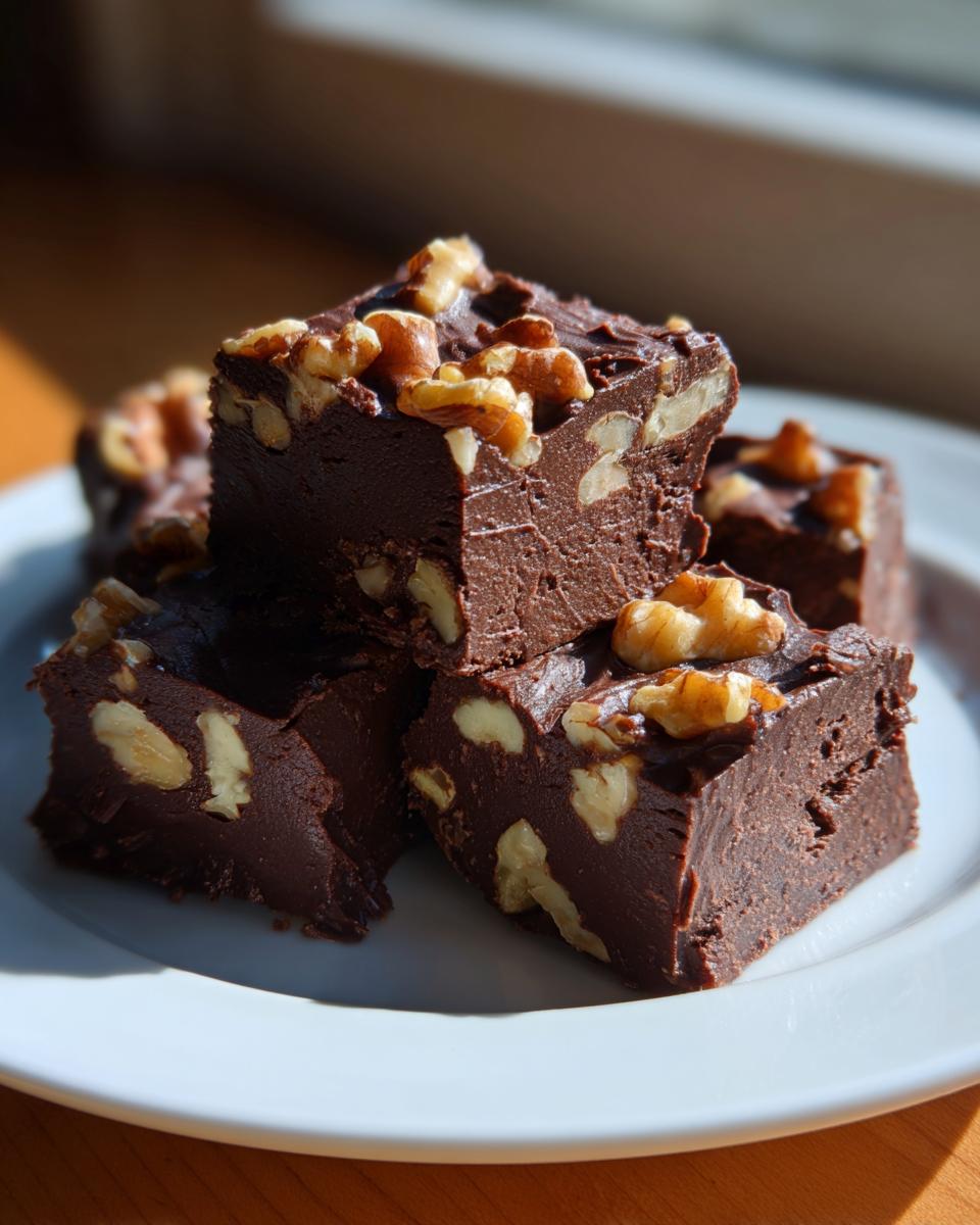 Close-up of rich, dark squares of Old fashioned nutty fudge studded with walnuts, stacked on a white plate.