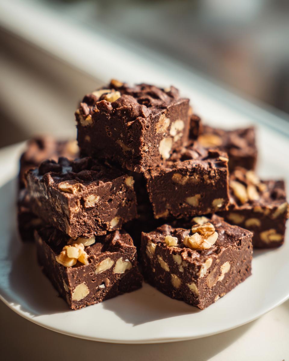 Stack of rich, dark Old fashioned nutty fudge squares studded with walnuts on a white plate.