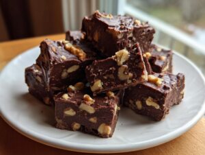 A stack of rich, dark chocolate Old fashioned nutty fudge squares studded with large walnut pieces, served on a white plate.