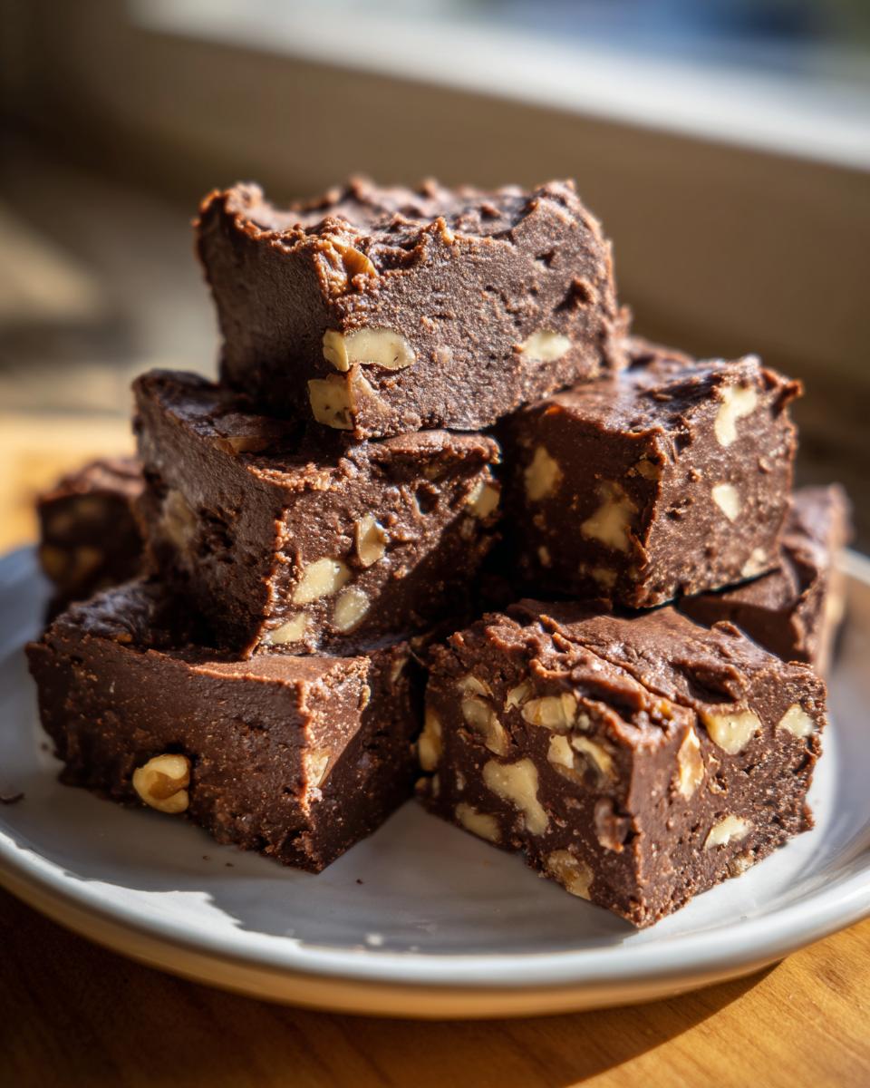 A stack of rich, dark chocolate Old fashioned nutty fudge squares studded with visible walnut pieces, served on a white plate.