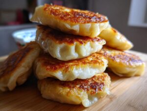 A stack of golden, pan-fried pork cabbage dumplings resting on a wooden cutting board.