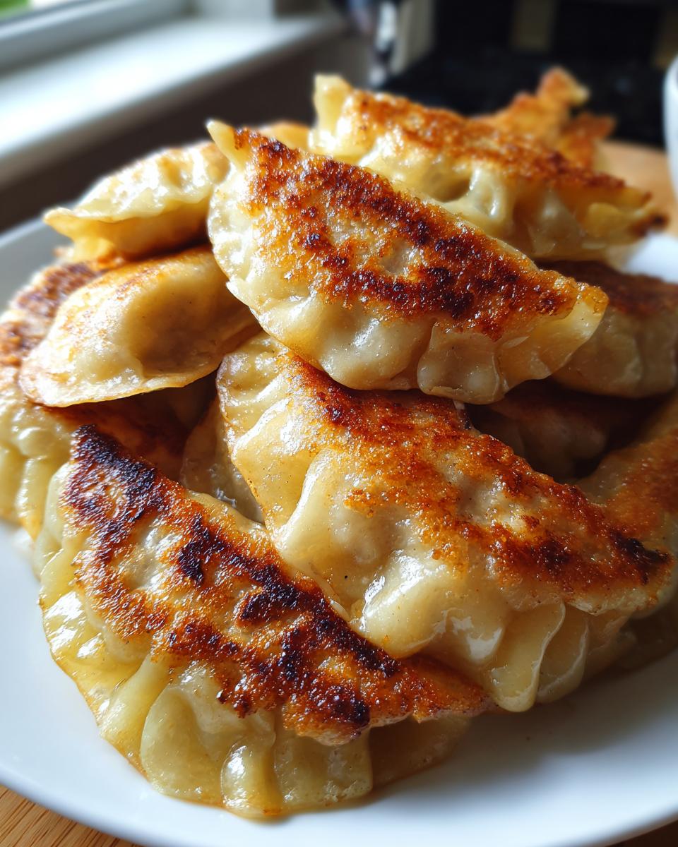 A close-up of several golden-brown, pan-fried Pork Cabbage Dumplings piled high on a white plate.