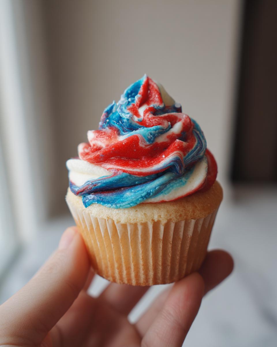 A hand holding a vanilla cupcake topped with swirled red, white, and blue frosting, perfect for International Nurses Day cupcakes.