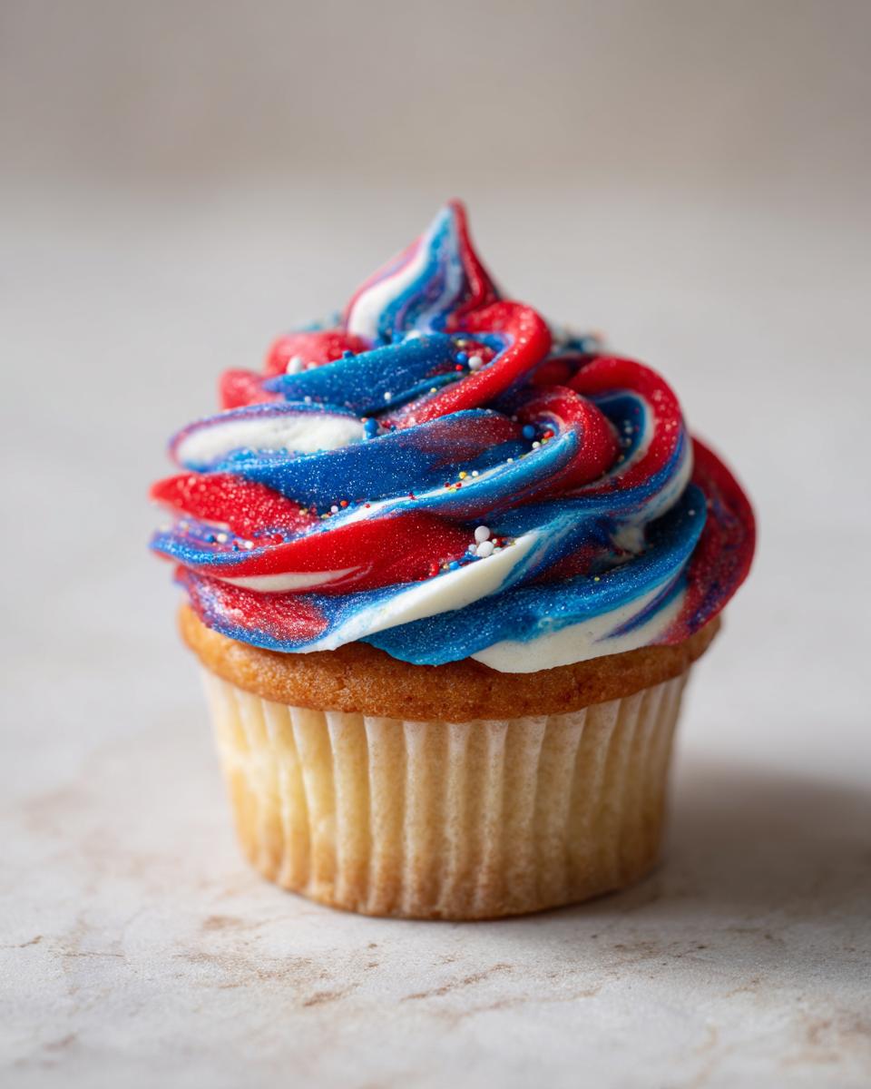 Close-up of a vanilla cupcake topped with vibrant red, white, and blue swirled frosting, perfect for International Nurses Day cupcakes.