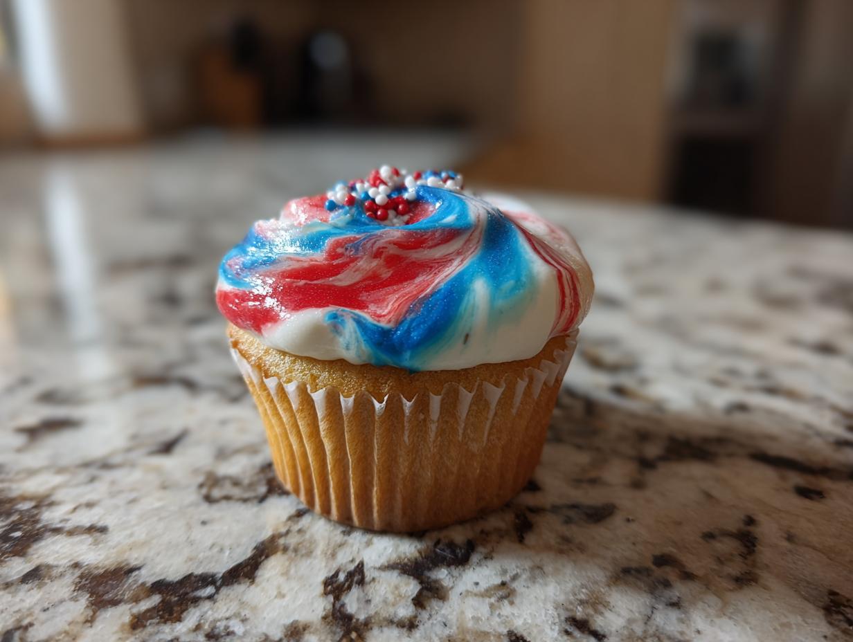 A single vanilla cupcake with red, white, and blue swirled frosting and sprinkles, perfect for International Nurses Day cupcakes.