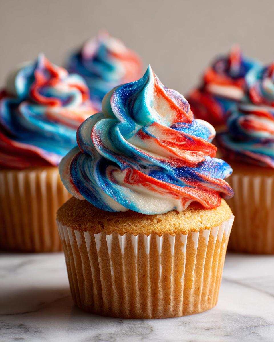 Close-up of a vanilla cupcake topped with vibrant red, white, and blue marbled frosting, perfect for International Nurses Day cupcakes.