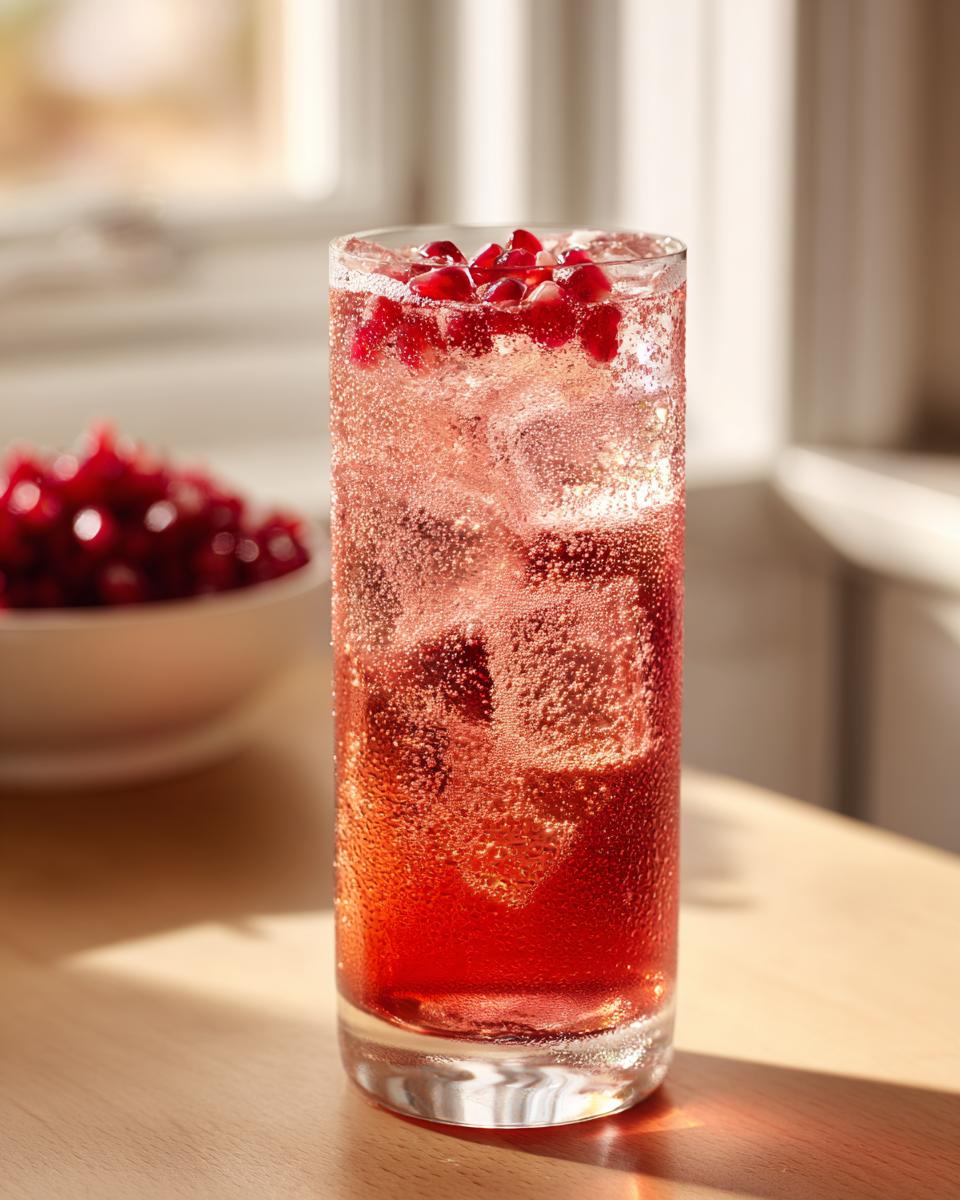 A tall glass filled with a bubbly, red Pomegranate spritz cocktail, garnished with fresh pomegranate seeds.