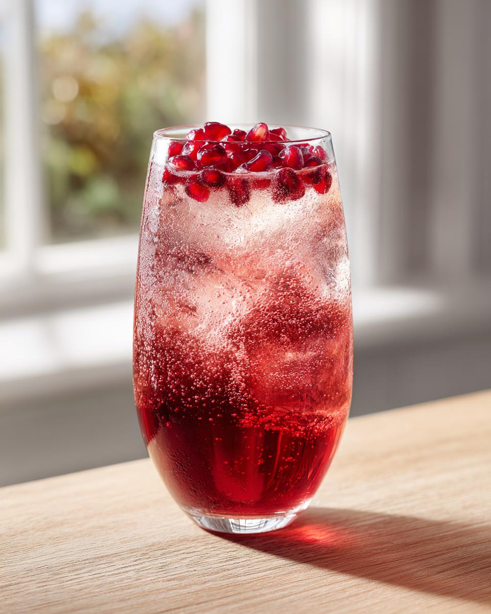 A tall glass filled with a vibrant red Pomegranate spritz cocktail, topped with fresh pomegranate seeds and ice.