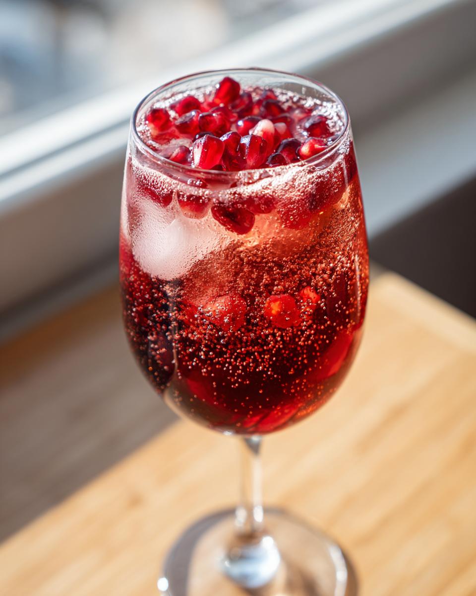 A tall glass filled with a bubbly, deep red Pomegranate spritz cocktail, garnished heavily with fresh pomegranate seeds and ice.