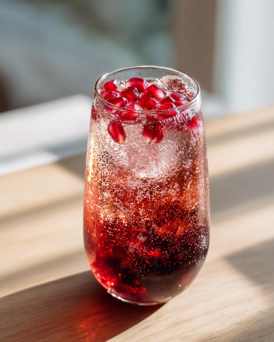Close-up of a fizzy Pomegranate spritz cocktail garnished with bright red pomegranate seeds on ice.