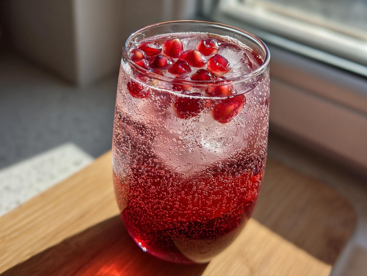 Close-up of a fizzy Pomegranate spritz cocktail filled with ice and topped with bright red pomegranate seeds.