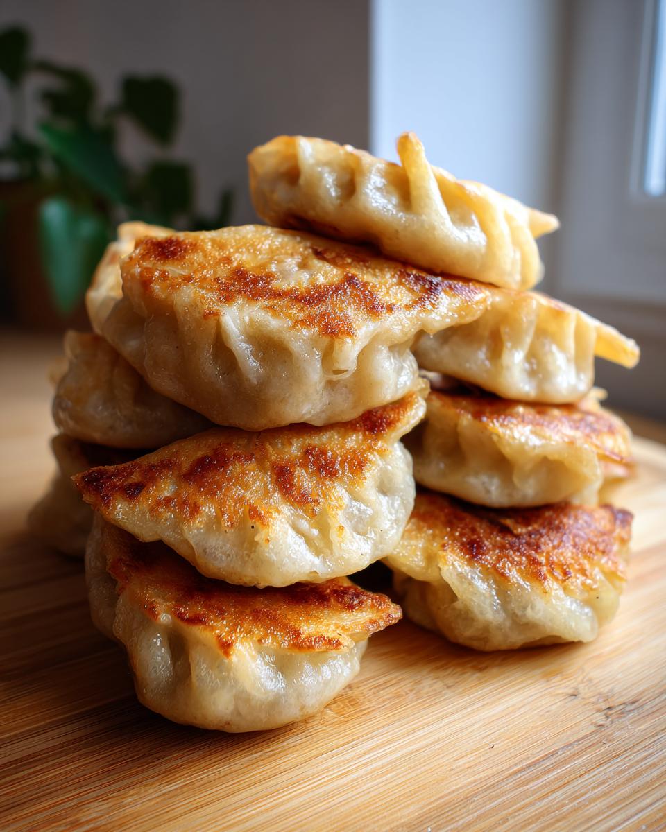A stack of golden brown, pan-fried Pork Cabbage Dumplings resting on a light wooden cutting board.
