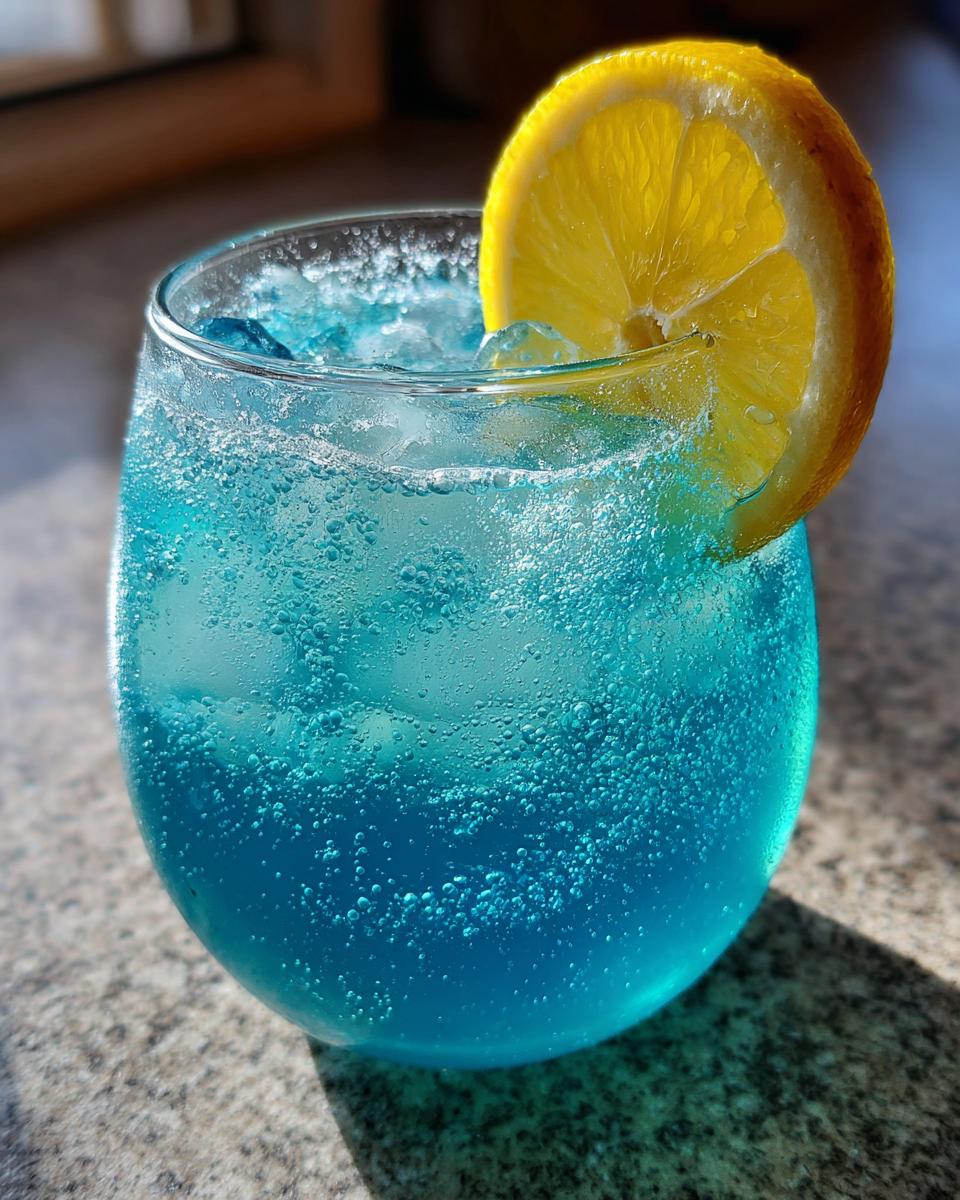 Close-up of a bright blue, bubbly Refreshing Moscato spritz garnished with a thick lemon wheel.